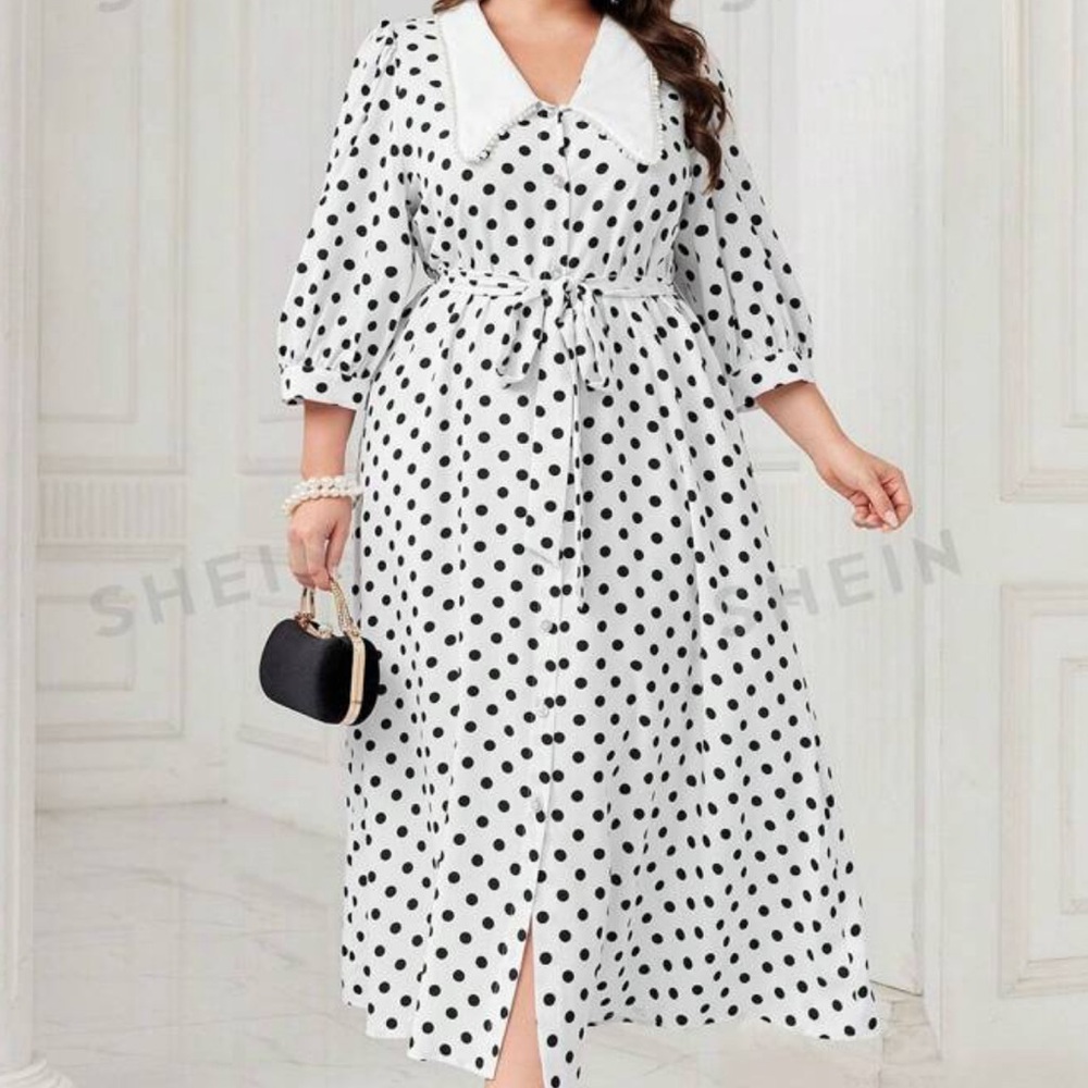 Polka dot print contrast collar belted dress